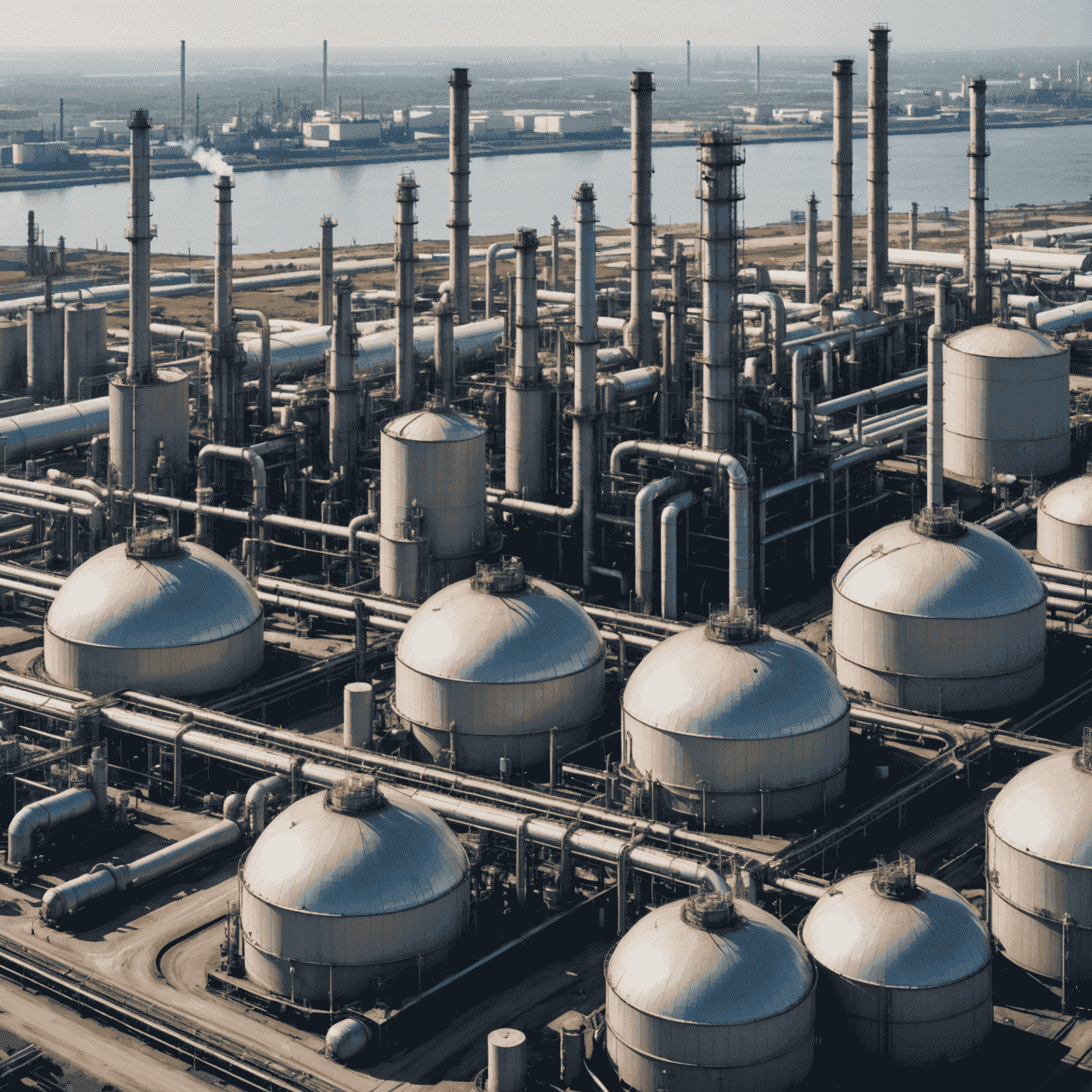 A panoramic view of an oil refinery with tankers and pipelines, symbolizing the global energy trade and oil marketing process