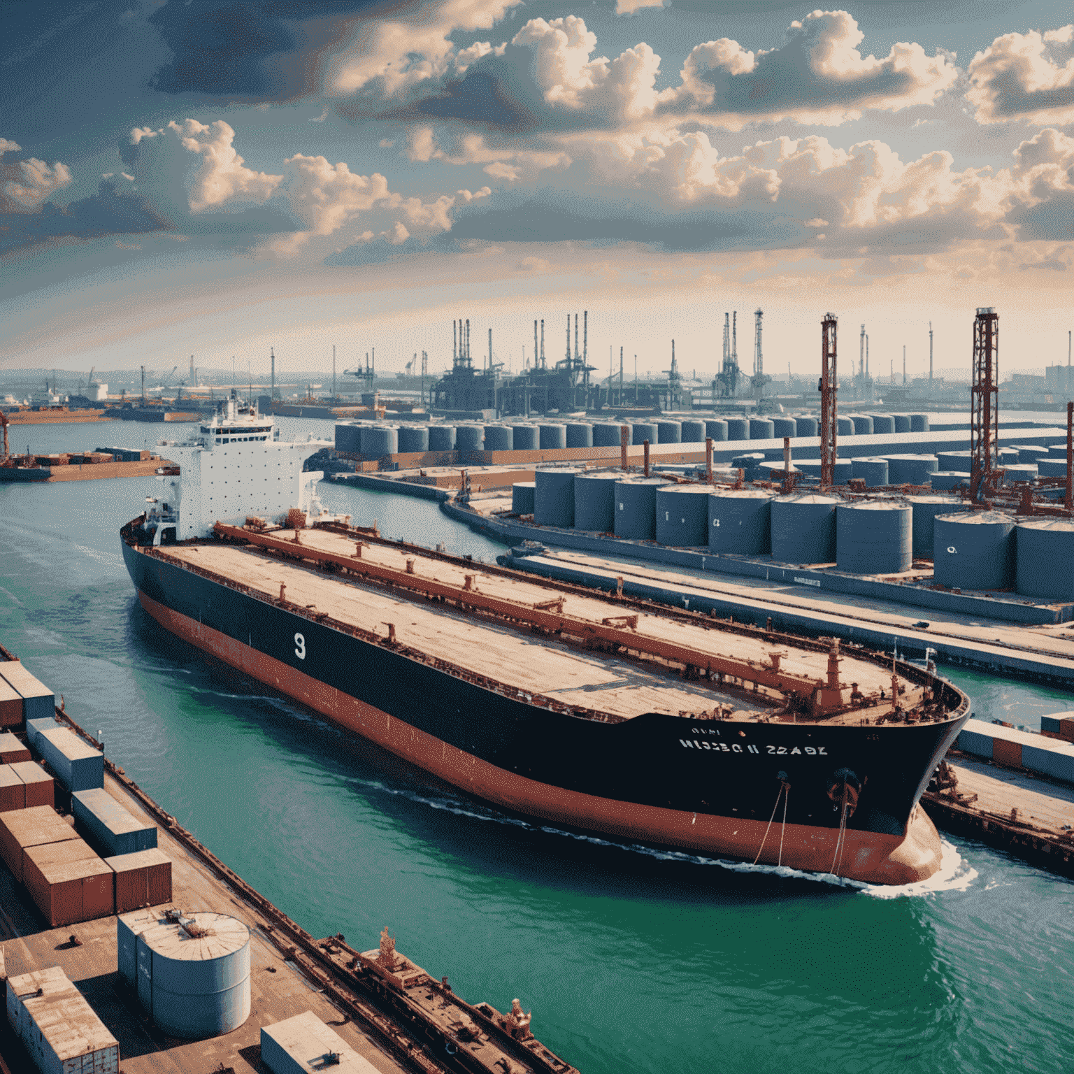 An oil tanker ship docked at a port with oil storage tanks in the background, symbolizing the global oil supply chain and energy trade