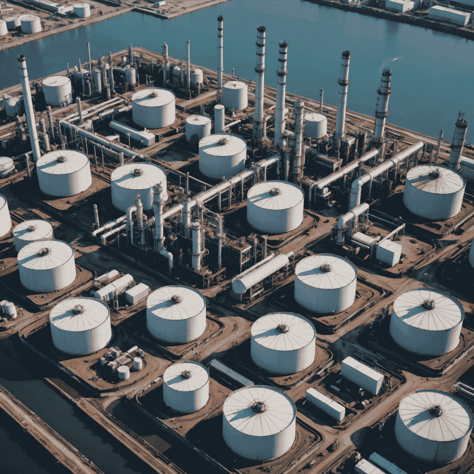 Aerial view of an oil refinery with tankers and storage tanks, symbolizing the global oil market