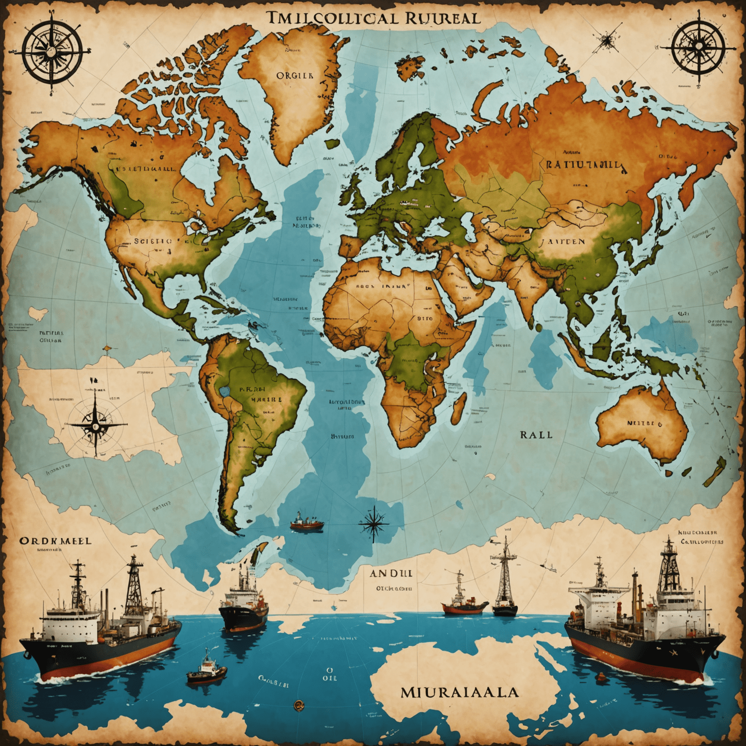 A world map overlaid with oil rigs, tankers, and trade routes, illustrating the global nature of the oil market