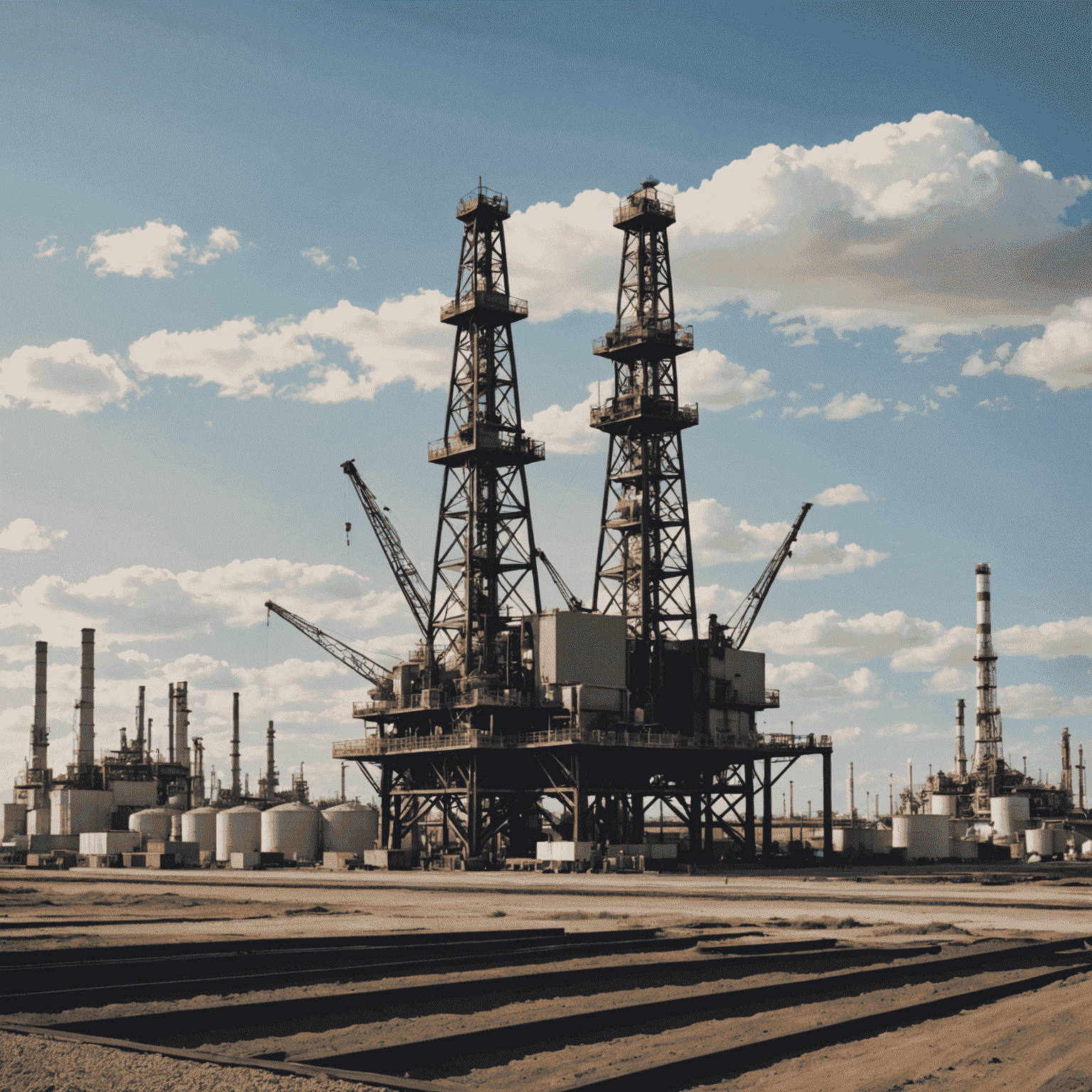 Panoramic view of an oil rig in the foreground with a refinery in the background, symbolizing the journey from extraction to distribution