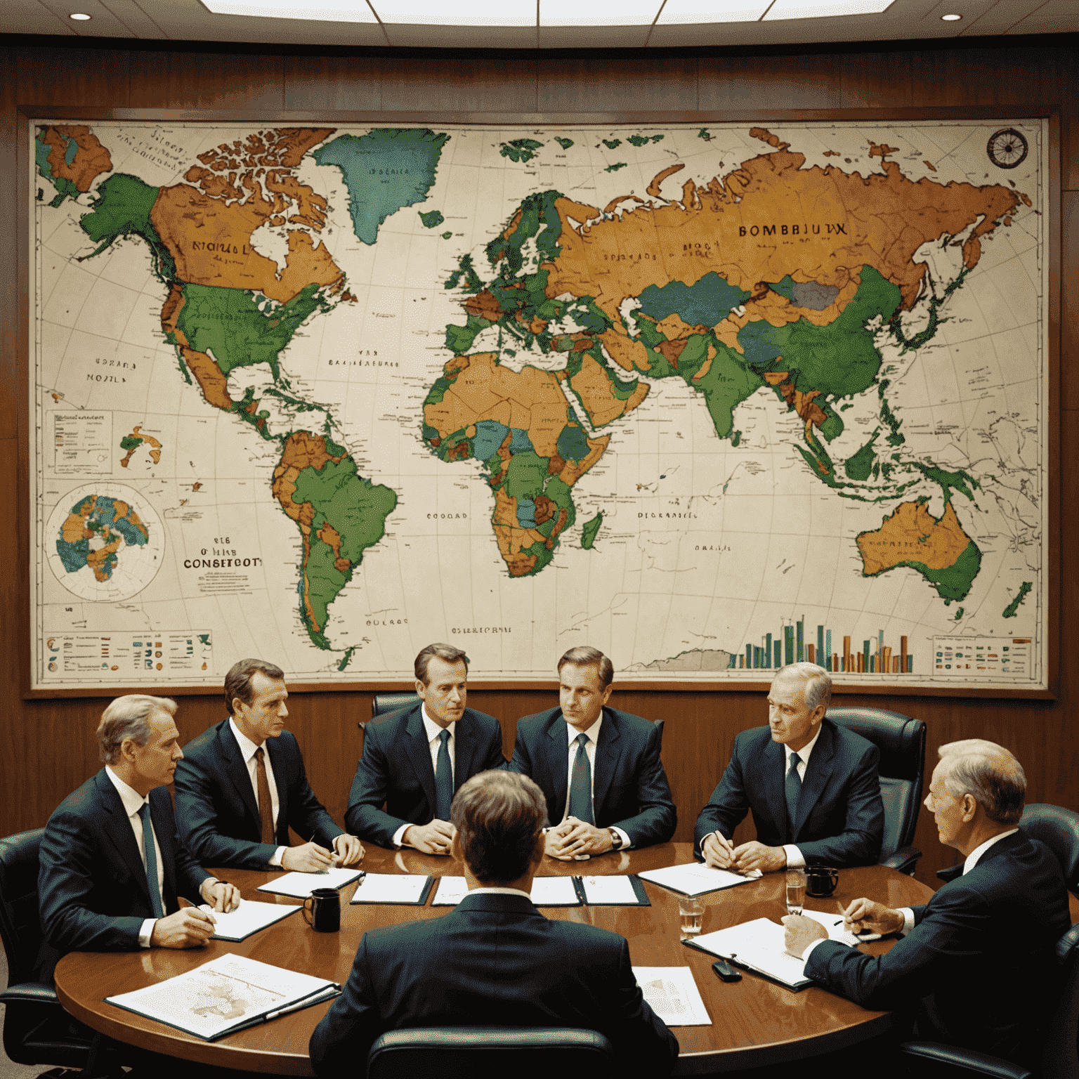 A professional boardroom setting with oil industry executives negotiating contracts, surrounded by charts and global maps