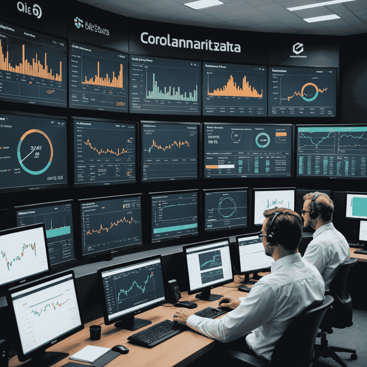 A digital dashboard displaying various oil industry metrics, including production rates, market prices, and global demand forecasts. The image showcases a modern control room with multiple screens and analysts working on data-driven marketing strategies.