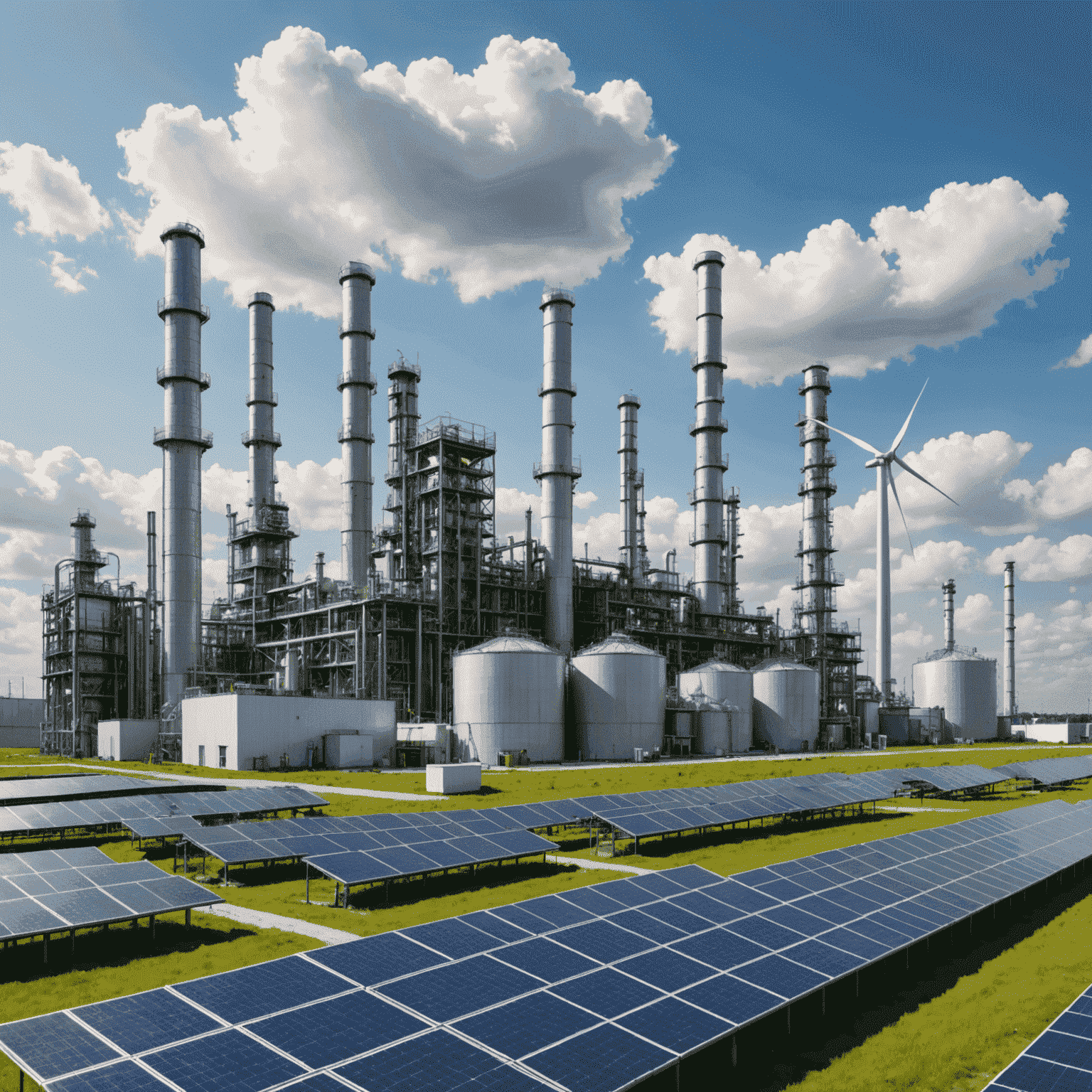 Modern oil refinery with visible green technology implementations such as solar panels and wind turbines, symbolizing the shift towards sustainability in the oil industry