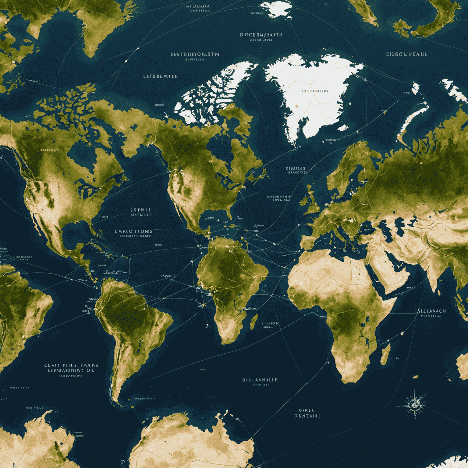 A global map with oil rigs and trade routes highlighted, showcasing the interconnected nature of the international oil market