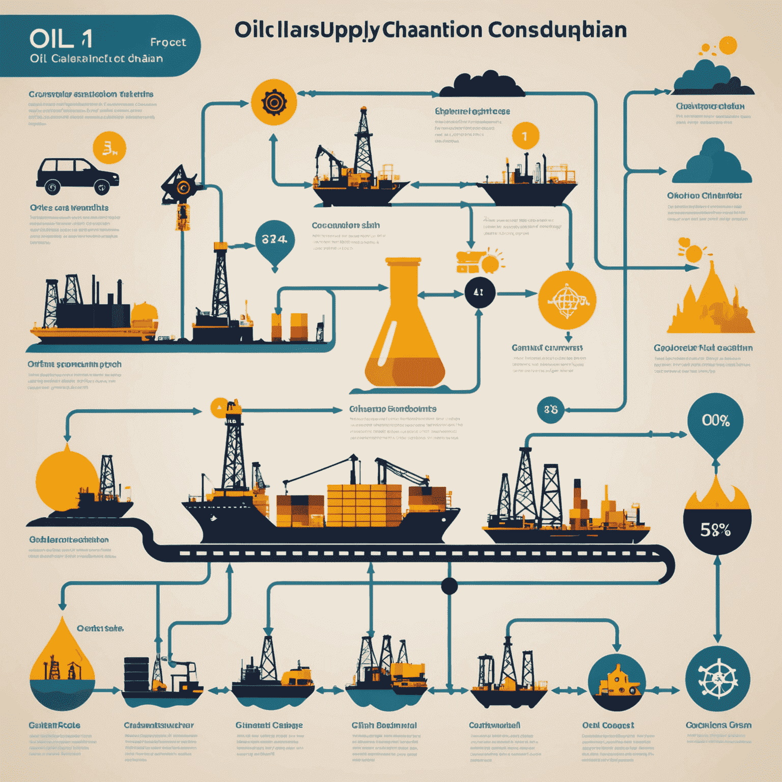 Infographic showing the oil supply chain from exploration to consumption, with icons representing each stage