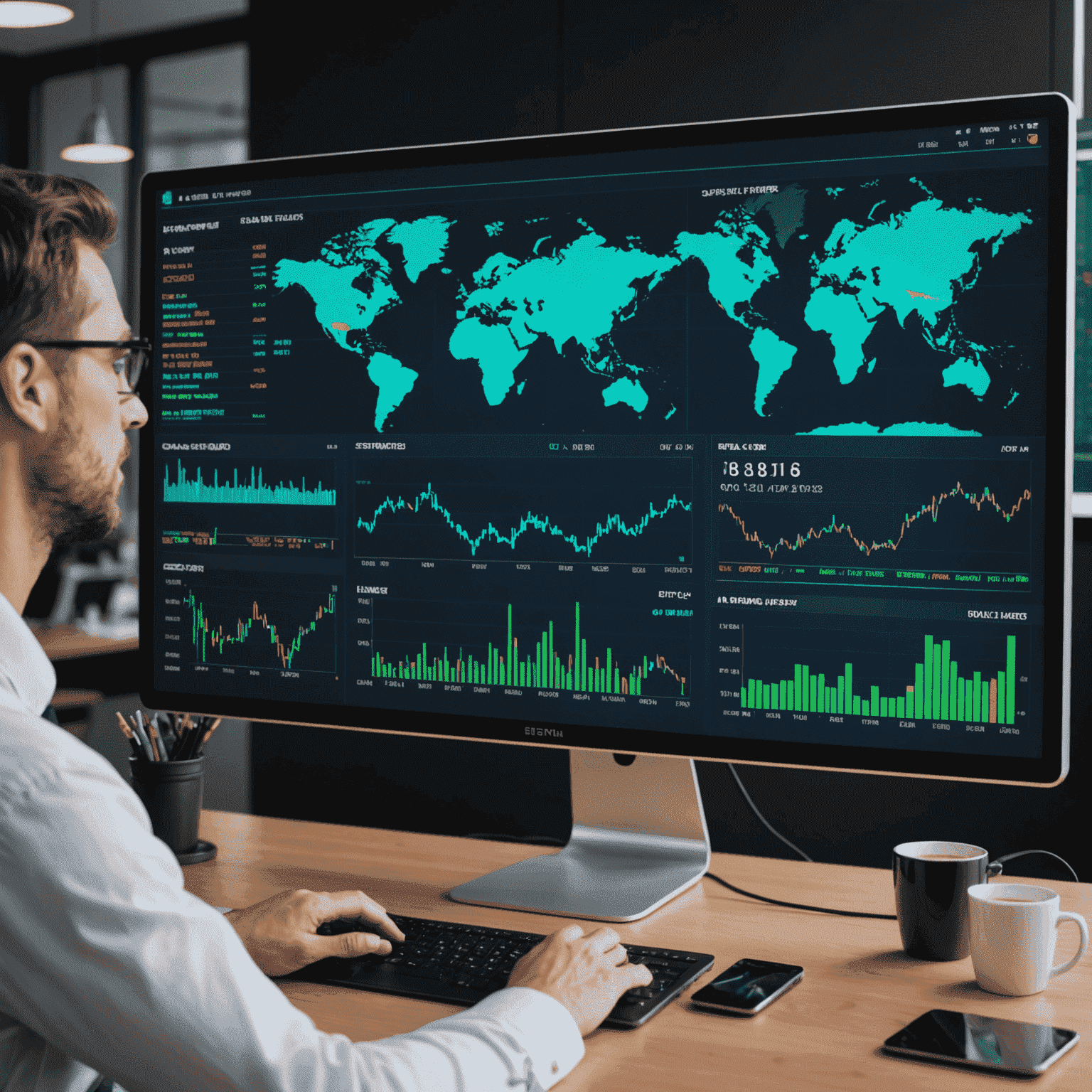 A computer screen displaying a sophisticated digital oil trading platform interface. The platform shows real-time pricing, supply chain information, and interactive charts for global energy trade analysis.