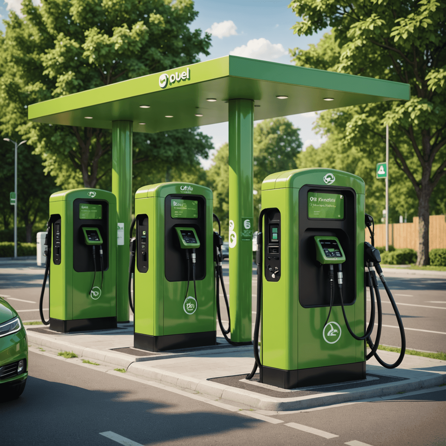 Visual representation of a green marketing campaign for an oil company, showing eco-friendly fuel pumps and electric vehicle charging stations