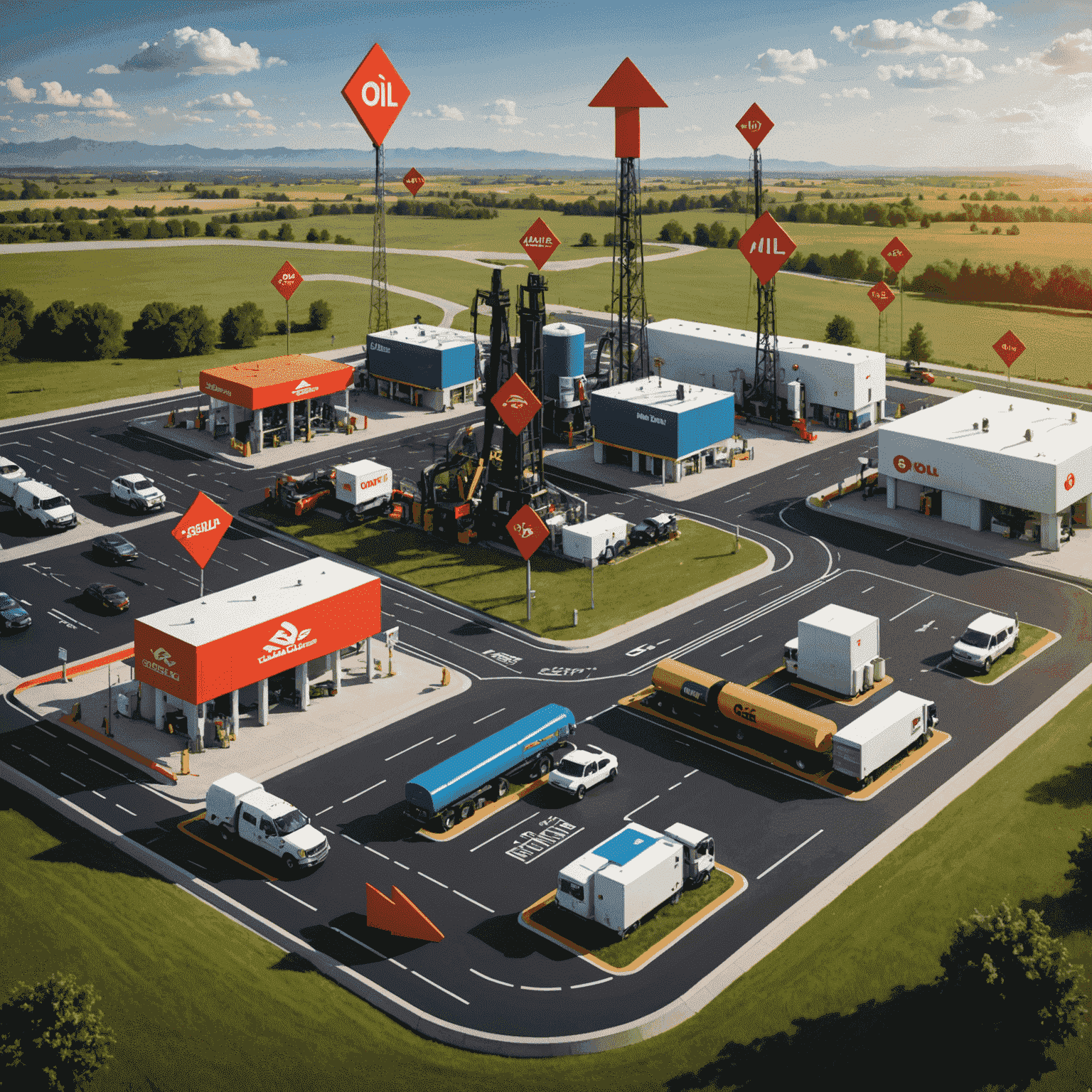 A visual representation of the oil supply chain, from oil wells to gas stations, with arrows indicating the flow of product and marketing touchpoints