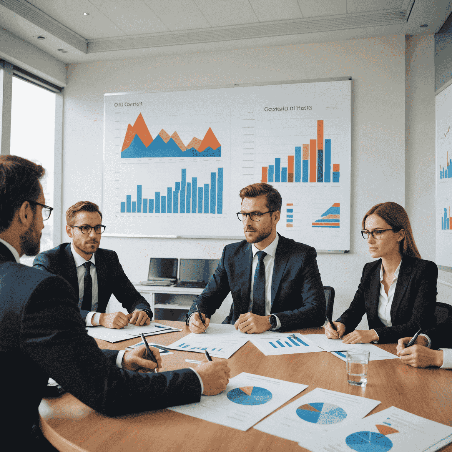 Business professionals in a meeting room discussing oil contracts, with charts and graphs visible