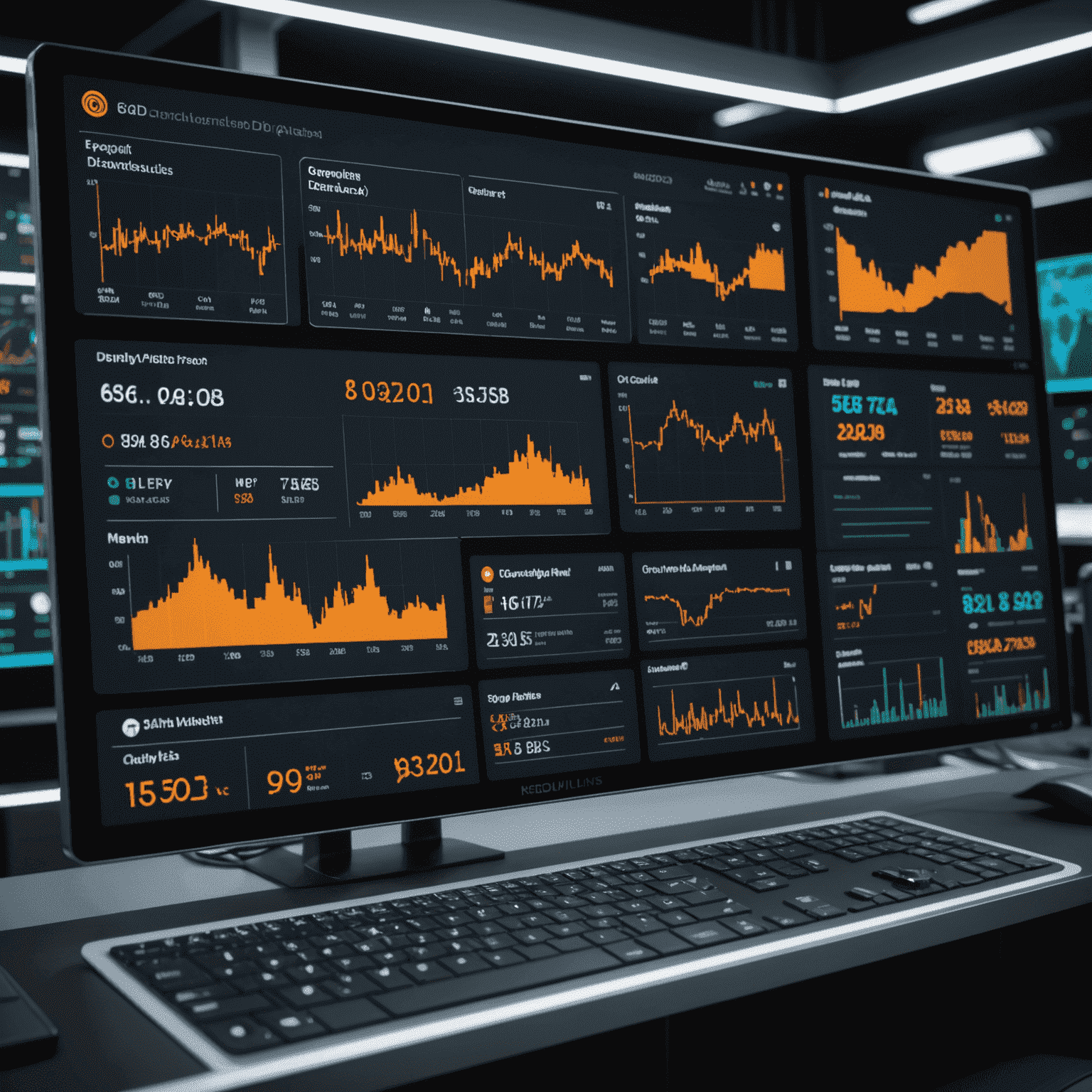 Futuristic dashboard showing real-time oil prices, supply chain data, and consumer analytics on multiple screens