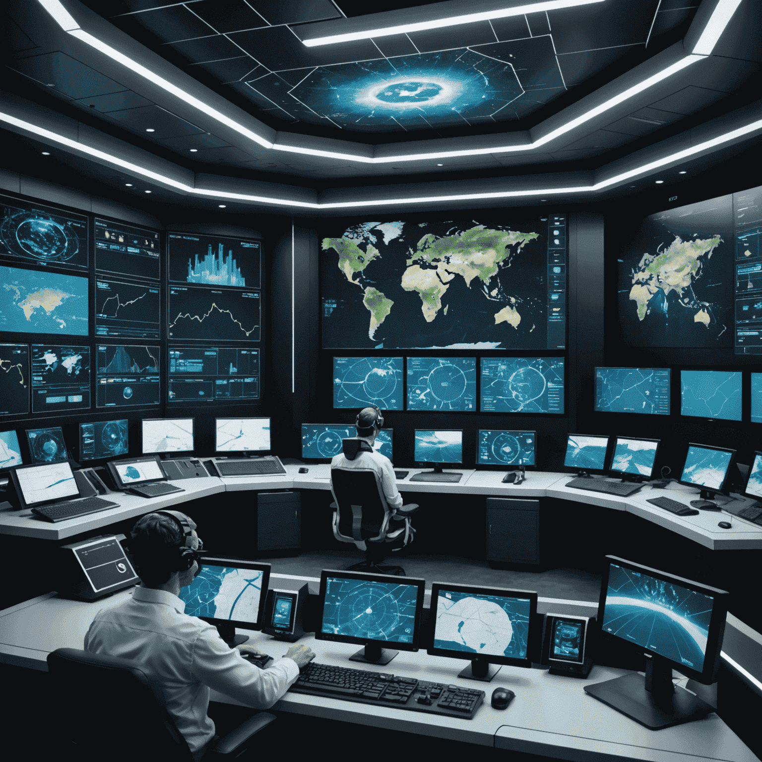 A futuristic control room with holographic displays showing global oil supply routes, AI-driven market predictions, and virtual reality simulations of oil extraction processes.