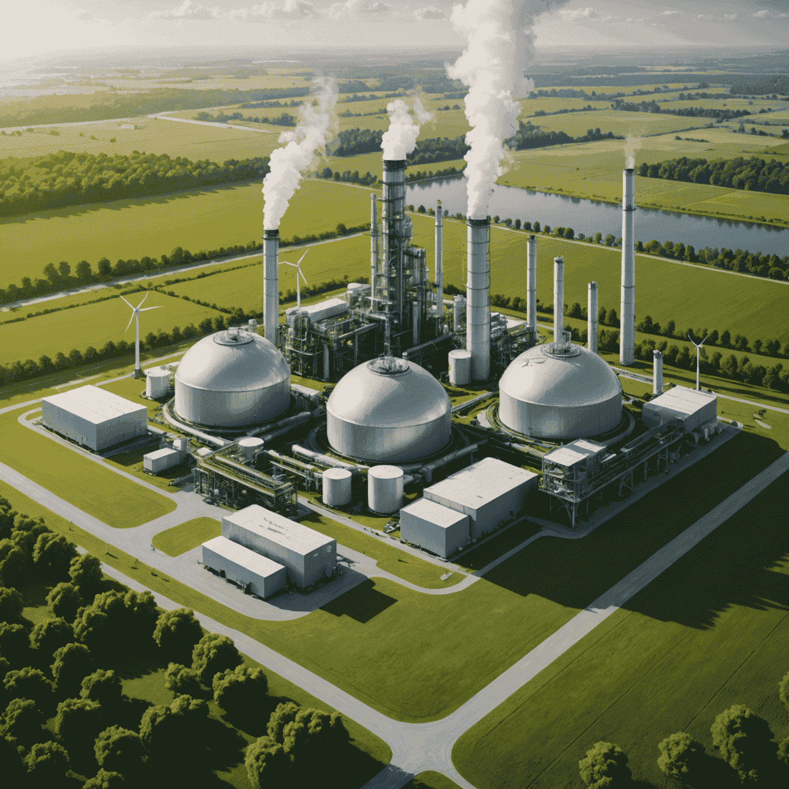 Futuristic visualization of an oil facility seamlessly integrated with renewable energy sources, showcasing a harmonious blend of traditional and green energy production