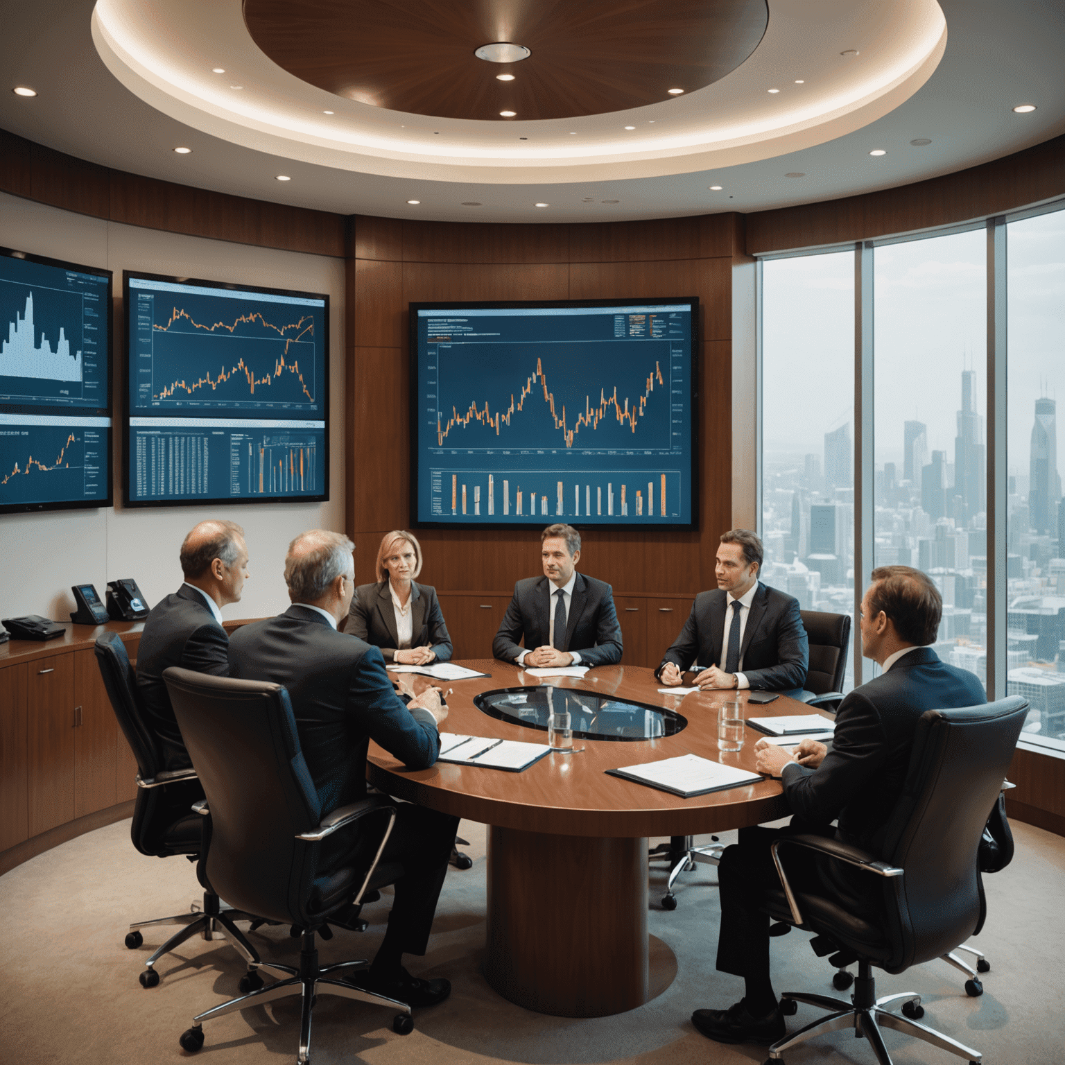 A professional boardroom setting with oil industry executives negotiating contracts, charts and graphs on display screens in the background