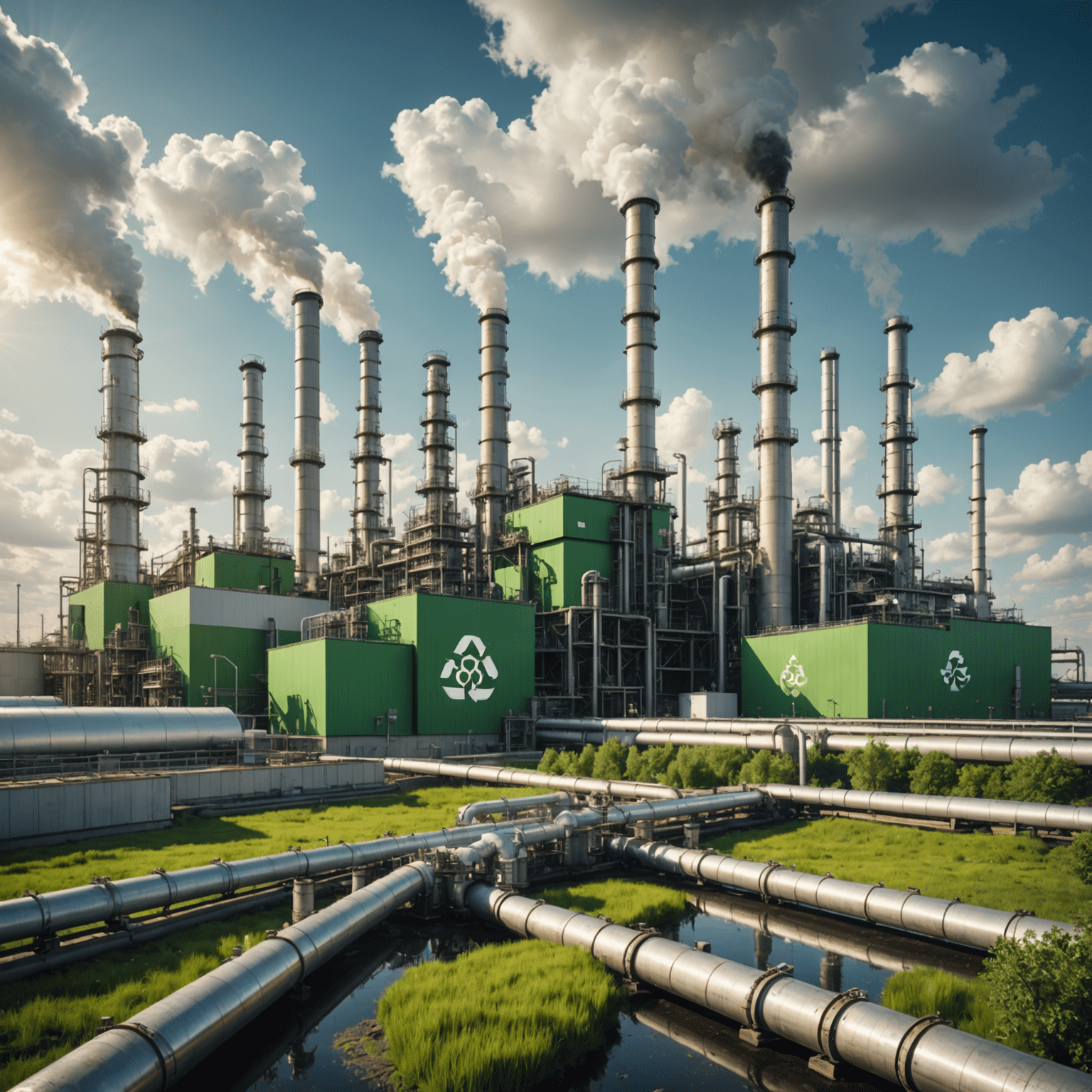 Oil refinery with green energy symbols overlaid, representing sustainable practices in the oil industry